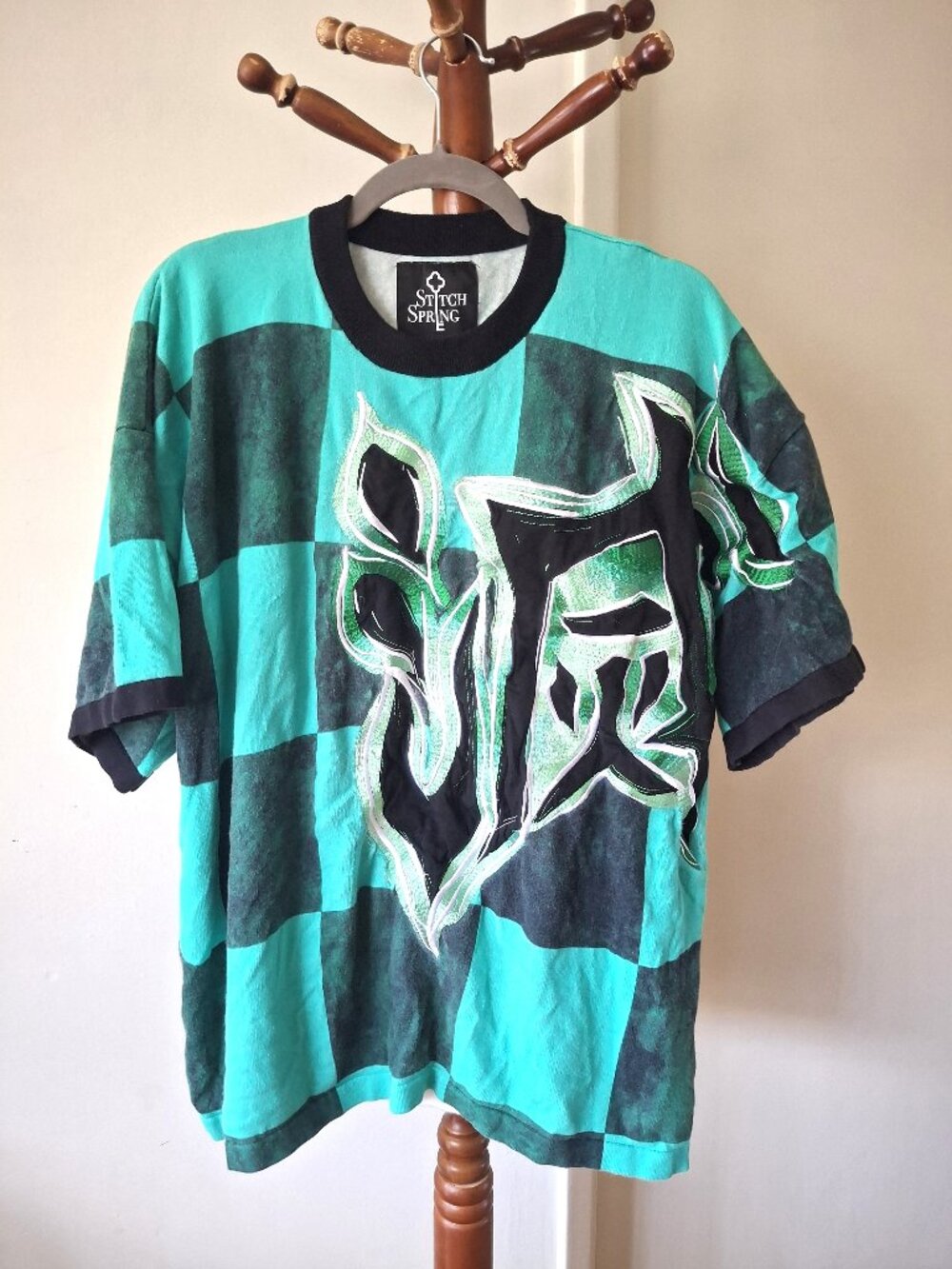 Stitch Spring Demon Slayer Tanjiro Checkerboard Knit T-Shirt - Size L Turquoise